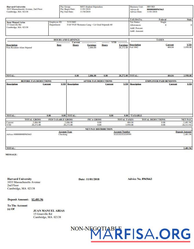 Realistic Harvard university pay stub download for verification